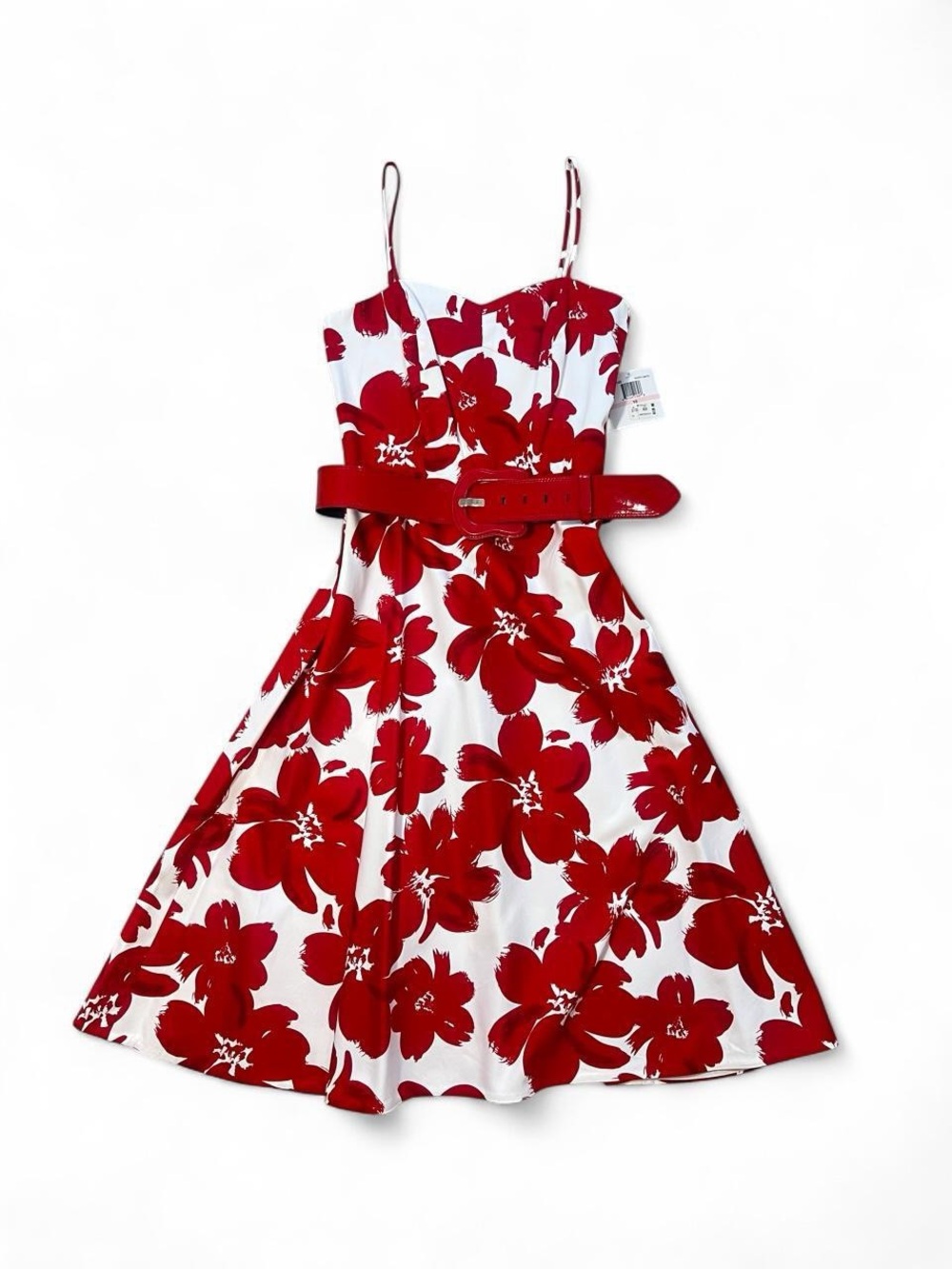 2000a Donna Morgan Red Floral Fit and Flare Dress